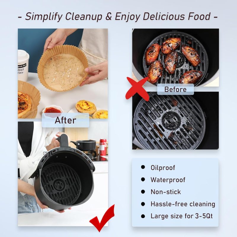 100Pcs Air Fryer Disposable Paper Liners Fit 3-5Qt Non-Stick Air Fryer Parchment Paper Air Frying Roasting Microwave Basket Oil-Proof Resistant Baking Parchment Paper Thick (Round - Image 5