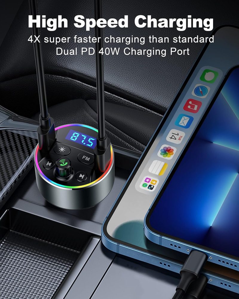 Dual Pd 40W Type-C Usb Car Charger Bluetooth Car Adapter Bluetooth 5.3 Fm Transmitter For Car With Microphone & Hifi Sound Mp3 Music Player Radio Audio Receiver Support Hands-Free Calling - Image 2