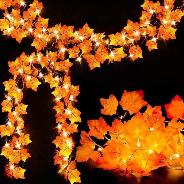 Fall Decor 2 Pack Lighted Fall Garland, Total 16.4Ft 40 Led Thanksgiving Decorations Halloween String Lights, Friendsgiving Gift Thanksgiving Decor for Home Holiday Autumn Garland Indoor
