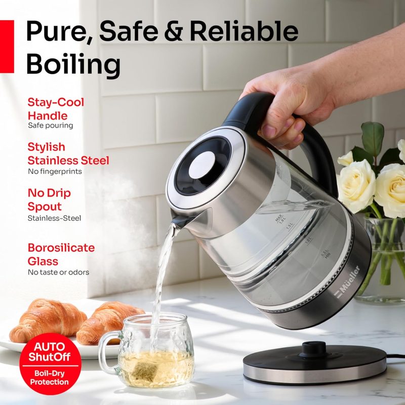 Mueller Rapid Boil Electric Kettle 1.8L – Borosilicate Glass & Stainless Steel – Bpa-Free Tea Kettle - Image 3