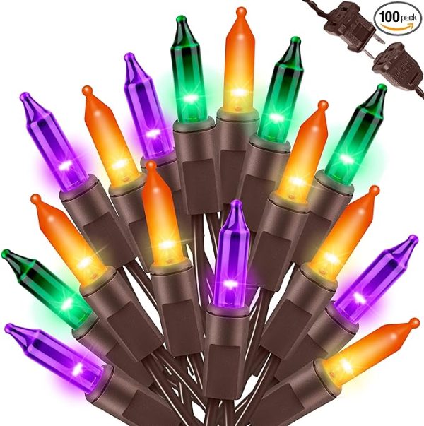 Lamphome Halloween String Light,100 Count Incandescent Mini String Light In 19.6Ft,Indoor/Outdoor 120V Ul Certified Mini Light for Halloween,Patio Lawn,Home,Garden,Party (Orange+Purple+Green)