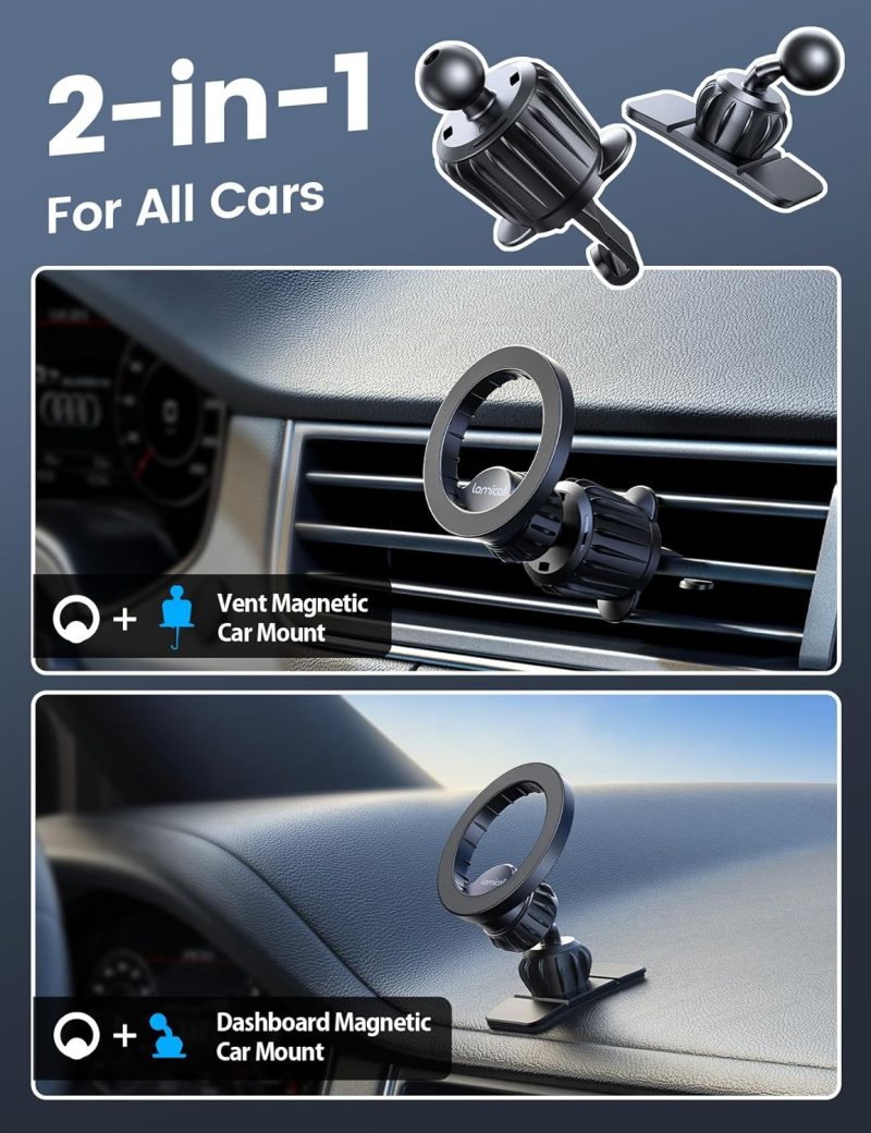 Lamicall For Magsafe Car Mount - [20X N55 Magnets] Magnetic Phone Holder For Your Car Dashboard Vent Car Phone Holder For Iphone 16 All Smartphone Fits Magsafe Phone Case - Image 2