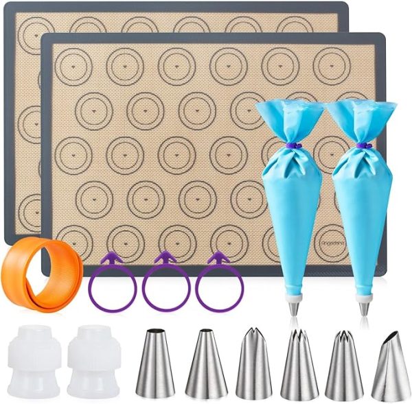 Angadona Macaron Silicone Baking Mats Kit (16Pcs Set) Macaroon Baking Mat Set Of 2 Half Sheet Macaron Silicone Mat Nonstick Macaron Mat Sheet