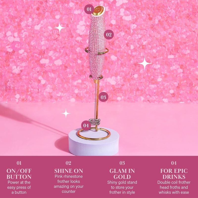 Paris Hilton Electric Rhinestone Handheld Milk Frother With Double Coil Head Whisk And Gold Metal Stand - Image 6