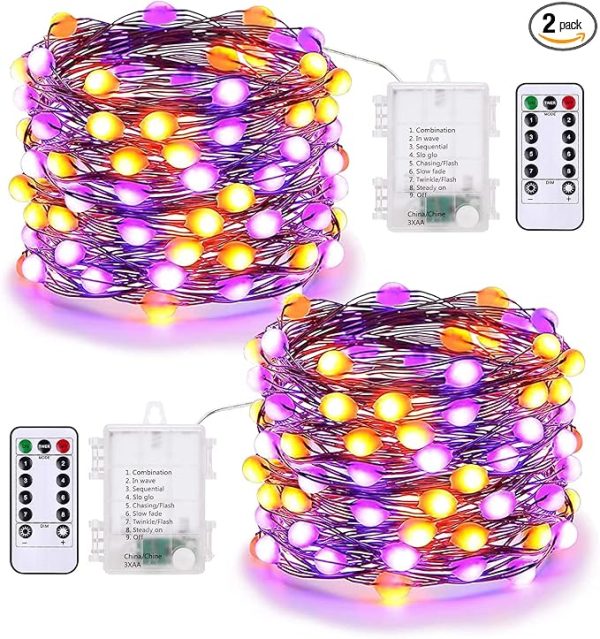 Brizlabs Purple & Orange Halloween Lights, 2 Pack 17.48Ft 50 Led Halloween String Lights With Remote, 8 Modes Battery Purple & Orange Fairy Light Waterproof Twinkle Light for Outdoor Haunted Decor