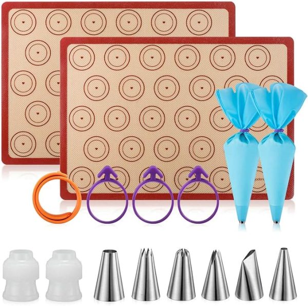 Angadona Macaron Silicone Baking Mats Kit (16Pcs Set) Macaroon Baking Mat Set Of 2 Half Sheet Macaron Silicone Mat Nonstick Macaron Mat Sheet