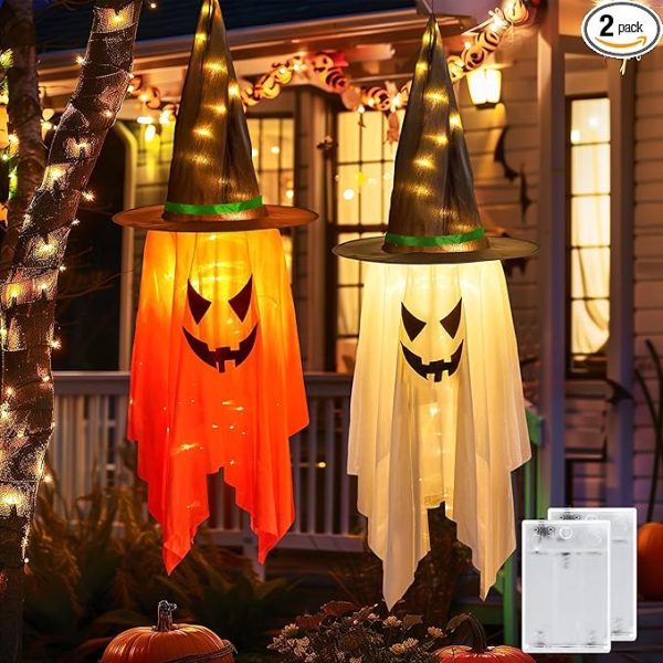 Minetom Halloween Lights Battery Operated, 2Pc Large Hanging Witch Hats Lights, Total 40 Led Light Up Witch Hat, Glowing Ghost Witch Hat Lights, Halloween Outdoor Decoration for Tree Indoor,Warm White