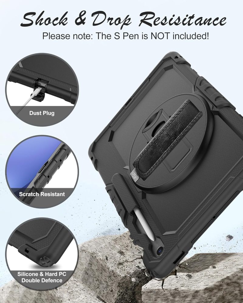 S10 Case for Samsung Galaxy Tab S10 FE Plus 5G Tablet 13.1'' Shockproof Protective Cover with Tempered Glass Screen Protector Rotatable Kickstand S Pen Holder Hand/Shoulder Strap Black - Image 5