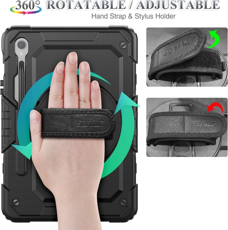 SEYMAC stock Case for Samsung Galaxy Tab S10 Lite / S10 FE / S9 FE 5G / S9 Tablet Case 10.9''/ 11'' Protective with Screen Protector Pen Holder 360 Rotate Stand Hand Strap Shoulder Strap Black1 - Image 3
