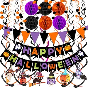 Happy Halloween Banner Paper Triangle Flag Bunting Circle Confetti Dots Hanging Garland Honeycomb Ball Swirl Streamers for Halloween Party Decorations