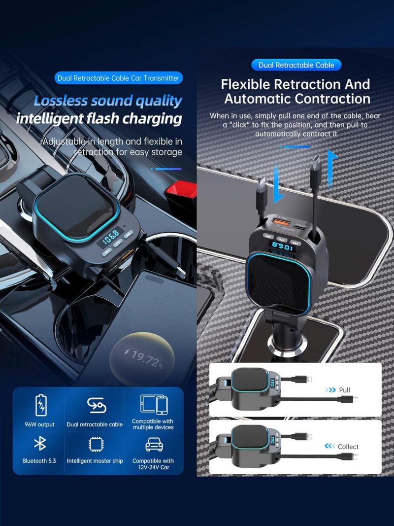 Retractable Car Charger 96W With Bluetooth Car Adapter - Image 2