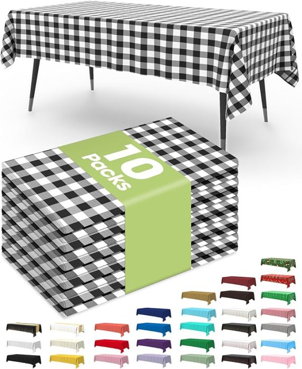 Pureegg Plastic Table Cloth Disposable 10 Pack, 54 X 108 Inch Table Cloths, Party, Picnic, Decorative Gingham Tablecloths, Rectangle, Black And White Checkered Cover, Leakproof & Sturdy, Black Plaid