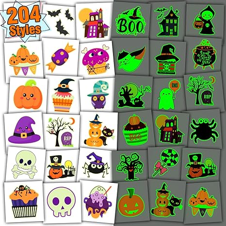 Partywind 204 Pcs Individually Wrapped Sheets Glow Halloween Tattoos for Kids Party Decorations, Luminous Pumpkin Tattoo Stickers, Kids Halloween Treats, Party Supplies
