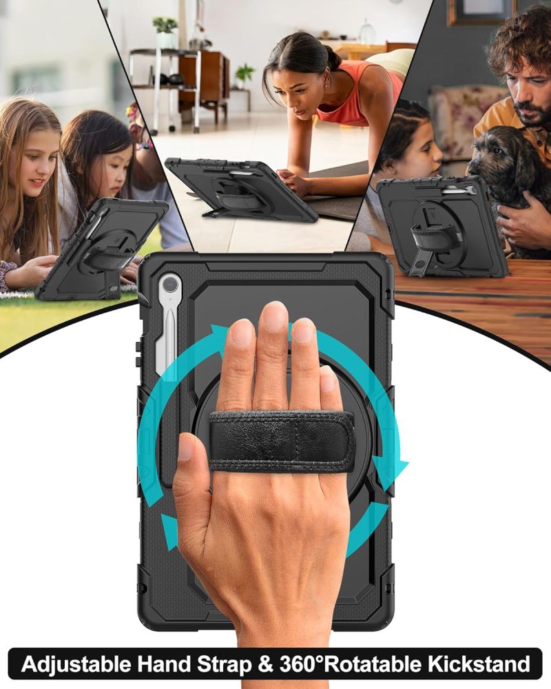 S10 Case for Samsung Galaxy Tab S10 FE Plus 5G Tablet 13.1'' Shockproof Protective Cover with Tempered Glass Screen Protector Rotatable Kickstand S Pen Holder Hand/Shoulder Strap Black - Image 3