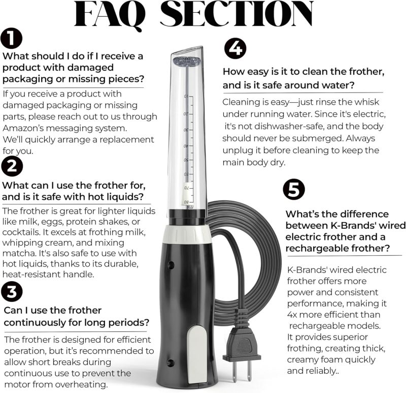 K-Brands Corded Electric Milk Frother With Plug In - Handheld Electric Whisk Stirrer Whipper - Foam Maker For Coffee - Image 3