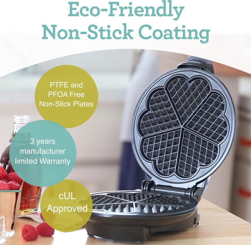 Euro Cuisine Wm520 Heart Shaped Iron Waffle Maker - Eco-Friendly Ptfe And Pfoa Free Non Stick Plates - Image 2