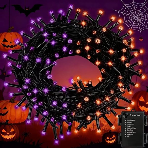 Purple&Orange Halloween Lights, 33Ft 100 Led Outdoor String Light With Timer & 8 Modes, 3Aa Battery Operated Waterproof String Light for Outdoor And Indoor Halloween Decor
