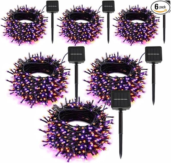 6-Pack Solar String Lights, 600 Led Extra-Long 236Ft Solar Halloween Lights Outdoor Waterproof, 8 Modes Led Halloween Light for Garden, Patio, Wedding(Purple & Orange)