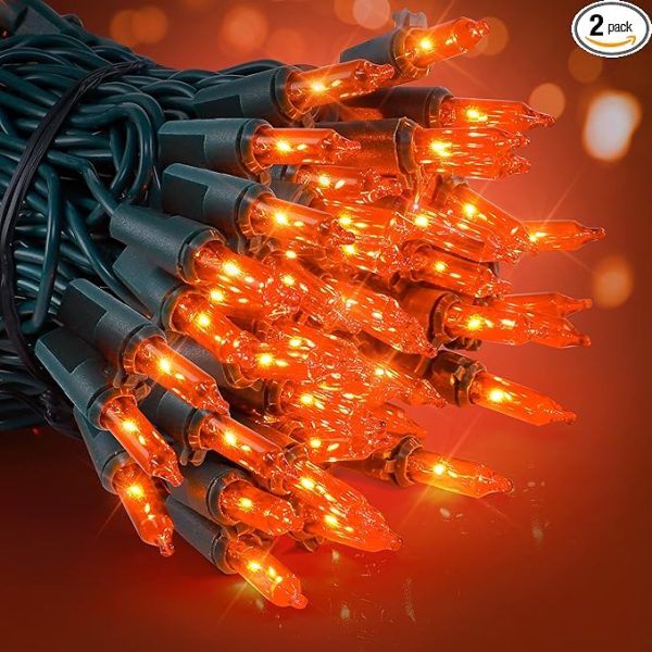 Woohaha Outdoor Halloween Lights, 2Pack 13Ft 50 Count Incandescent Blubs & Green Wire Mini Lights, 120 V High-Voltage Connectable Light String, for Indoor Patio Garden Tree Party Decoration, Orange