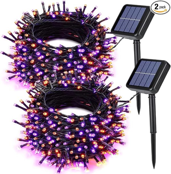 Joomer 2 Pack Orange Purple Halloween Solar String Lights, Total 144 Ft 400 Led 8 Modes Waterproof Solar String Lights Outdoor for Halloween Decorations