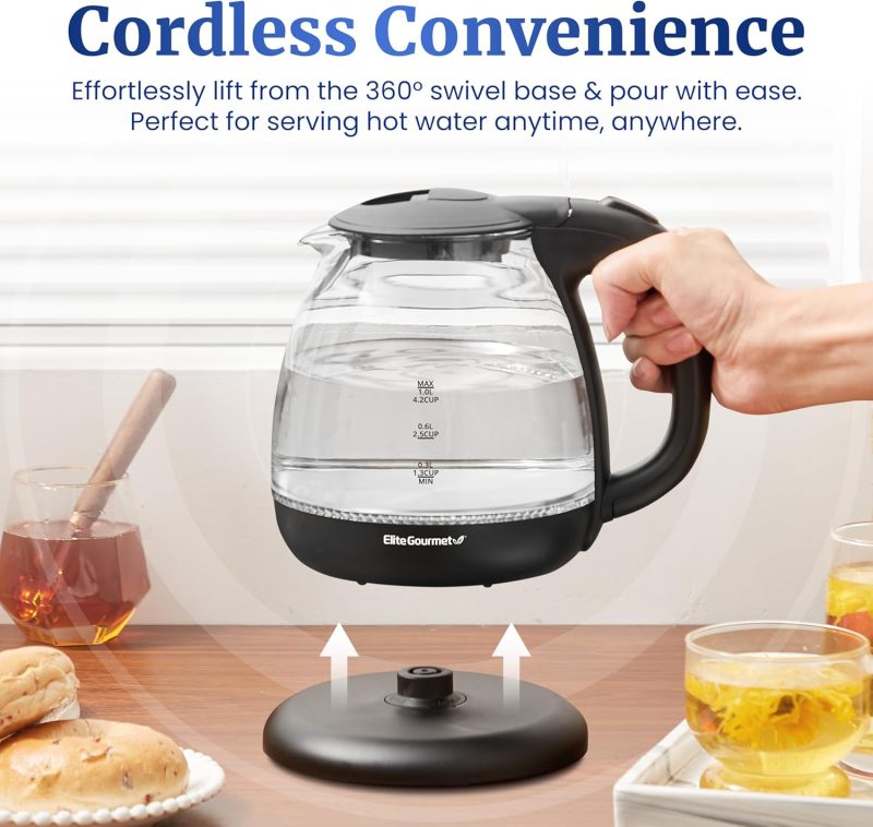 Elite Gourmet Ekt1001 Electric 1.0L Bpa-Free 1100W Glass Kettle Cordless 360° Base - Image 3