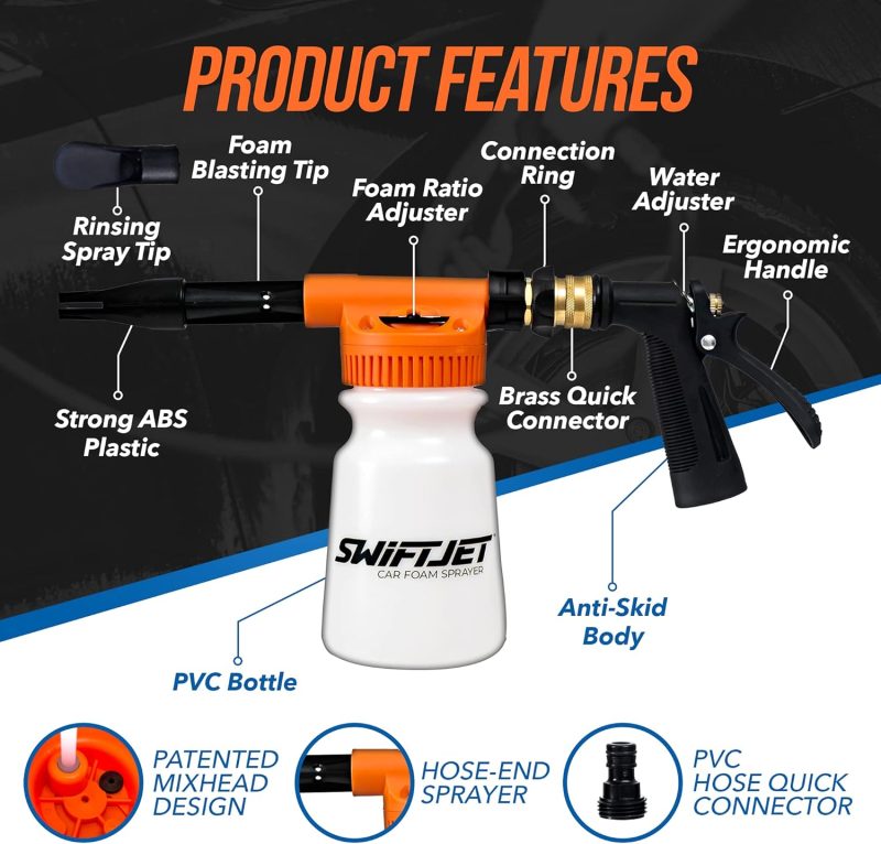 Swiftjet Car Wash Foam Gun + Microfiber Wash Mitt - Foam Cannon Works With Any Soap - Garden Hose Car Foam Sprayer - Car Wash Kit - Car Accessories Foam Blaster (Orange Foam Gun With Mitt) - Image 4