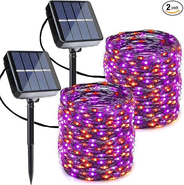 Joomer Orange Purple Halloween Solar String Lights - 2 Pack Total 80Ft 240Led Solar Fairy Lights, Waterproof Outdoor Twinkle Lights With 8 Modes for Garden, Porch, Trees, Halloween Decor (Black Wire)
