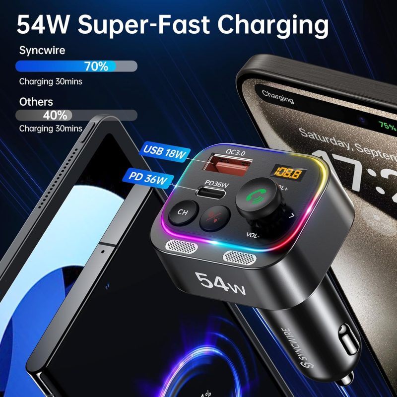 Syncwire Bluetooth 5.4 Fm Transmitter Car Adapter 54W (Pd 36W & 18W) [Stronger Dual Mics] [Light Switch] [Hifi Bass Sound] [Fast Charging] Wireless Radio Receiver Hands-Free Calling Led Display - Image 4